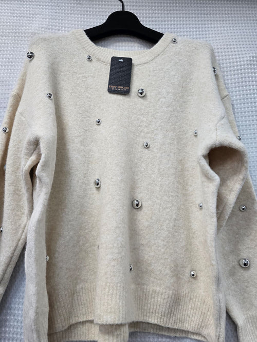 Cream Silver 3D Pearl Wool Blend Fine Knit