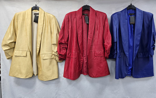 Vegan Leather Look Matte Rouched Sleeve Blazer
