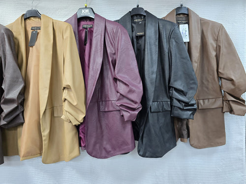 Vegan Leather Look Matte Rouched Sleeve Blazer