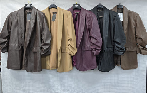 Vegan Leather Look Matte Rouched Sleeve Blazer