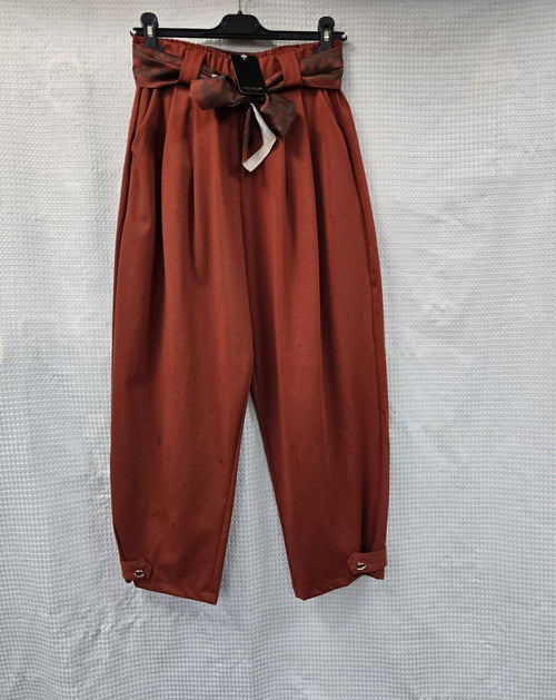 Silk Belted Gold Button Barrel Leg Cotton Trousers