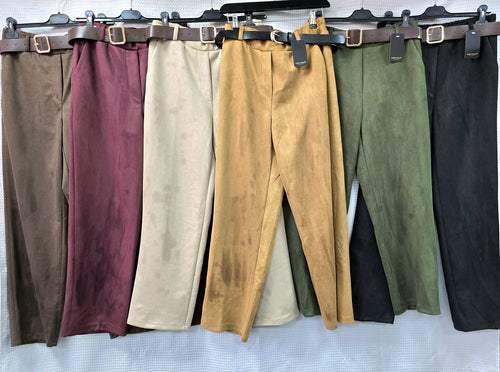 Suedette Plain Straight Leg Belted Trousers