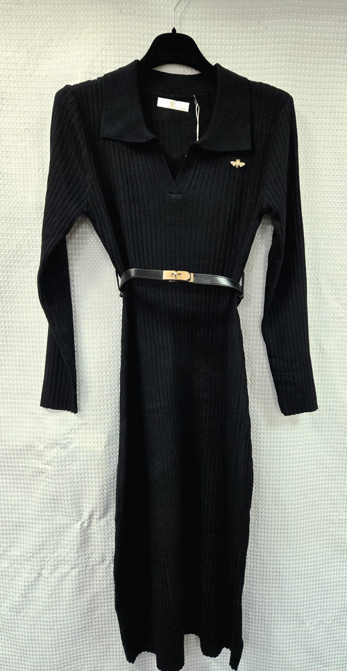Knitted Bee Brooch Belted Ribbed Maxi Dress