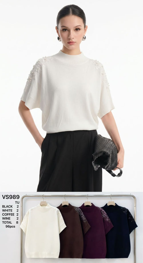 Sequin Pearl Floral Embellished Shoulder Relaxed Knit Jumper