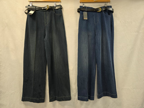 Cotton Vintage Wash Wide Leg Seam Belted Trousers
