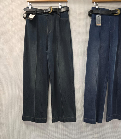 Cotton Vintage Wash Wide Leg Seam Belted Trousers