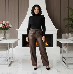 Wide Leg Vegan PU Leather Bi- Stretch Trousers