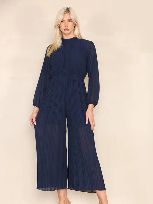 High Neck Pleated Jumpsuit with Open Bow Back