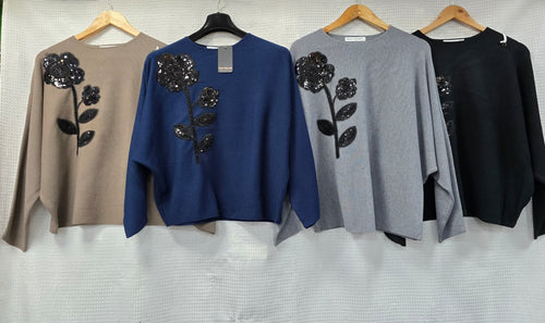 Black Sequin Rose Knit Jumper