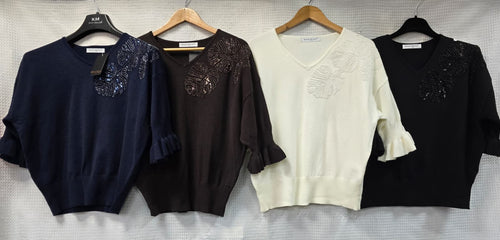 Sequin Palm Frill Sleeve Knit Jumper