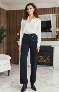 Voggo Black Wide Leg Jeans with Silver Buttons