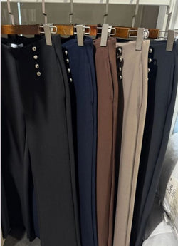 Silver Button Wide Leg Bi Stretch Trousers