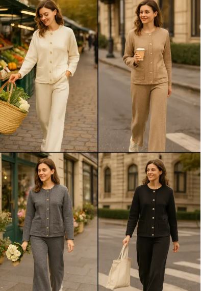Gold Button Plain Two Piece Classic Coord Loungewear Set