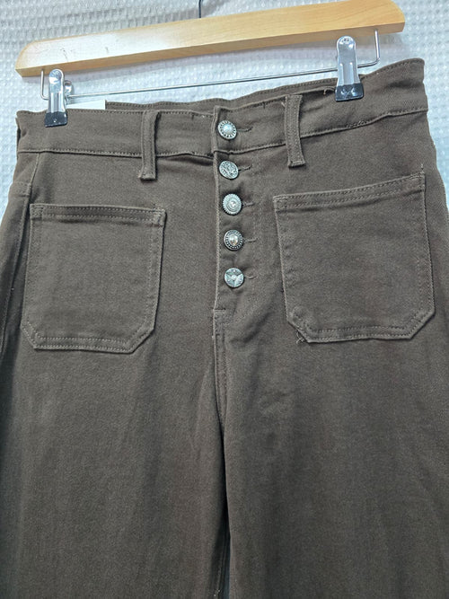 Chocolate Brown Two Front Pocket Crystal Button Wide Leg Voggo Jeans