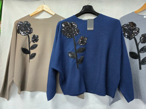 Black Sequin Rose Knit Jumper
