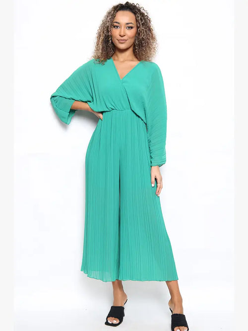 Crossover Pleated Wide Leg Jumpsuit