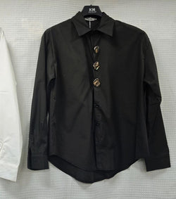Textured Silver Button Curve Hem Cotton Shirt