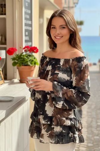 Frilled Hem Palm Feather Bardot Blouse