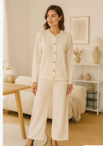 Gold Button Plain Two Piece Classic Coord Loungewear Set