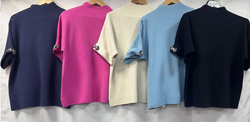 Crystal Sleeve Turtle Neck Fine Knit
