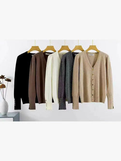 V Gold Button Cuff Fine Knit Cardi