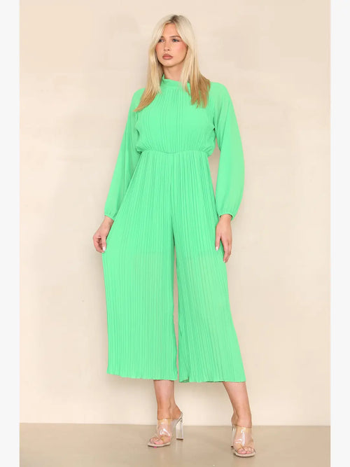 High Neck Pleated Jumpsuit with Open Bow Back