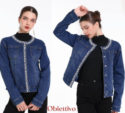 Plus Size Pearl Diamante Denim Jacket