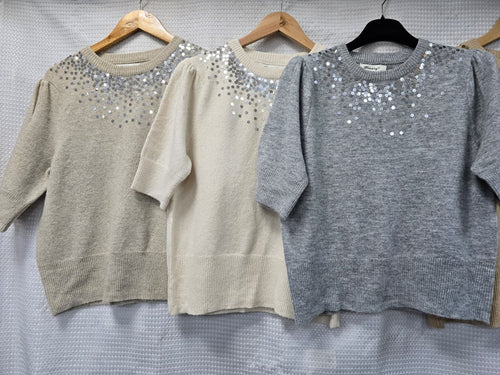 Daisy Sequin Rouched Sleeve Soft Touch Knit
