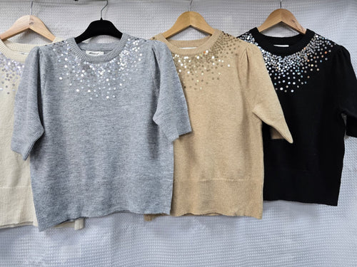 Daisy Sequin Rouched Sleeve Soft Touch Knit