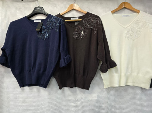 Sequin Palm Frill Sleeve Knit Jumper