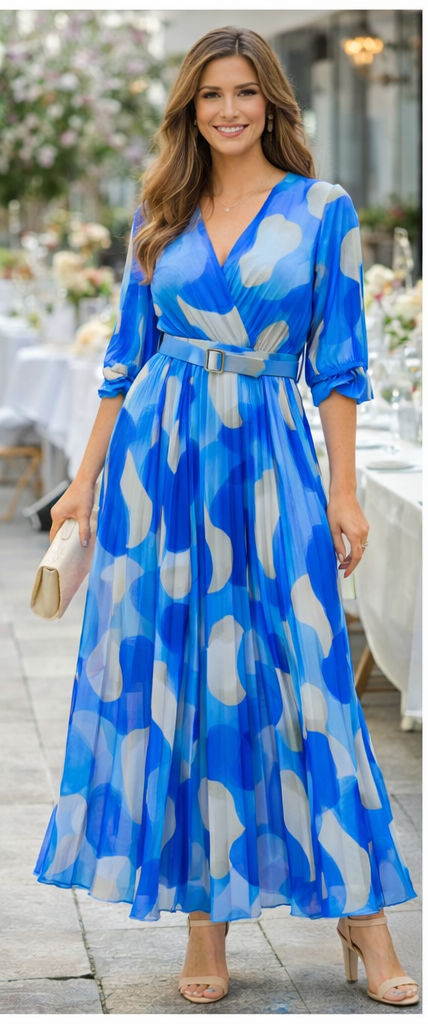 Lola V Neck Belted Pleated Maxi Dress